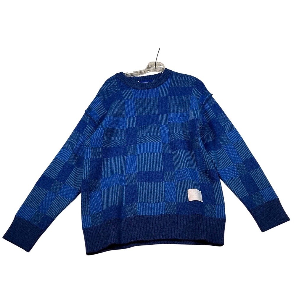 Aelfric Eden Blue Checkered Crewneck Sweater Geometric Knit Long Sleeve Small
